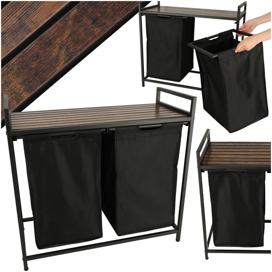 Cos mare de rufe cu doua compartimente, cu raft si blat din lemn, model LOFT, culoare neagra-0