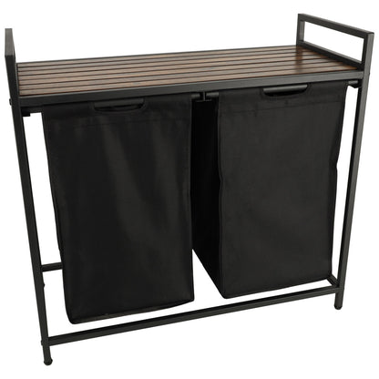 Cos mare de rufe cu doua compartimente, cu raft si blat din lemn, model LOFT, culoare neagra-1