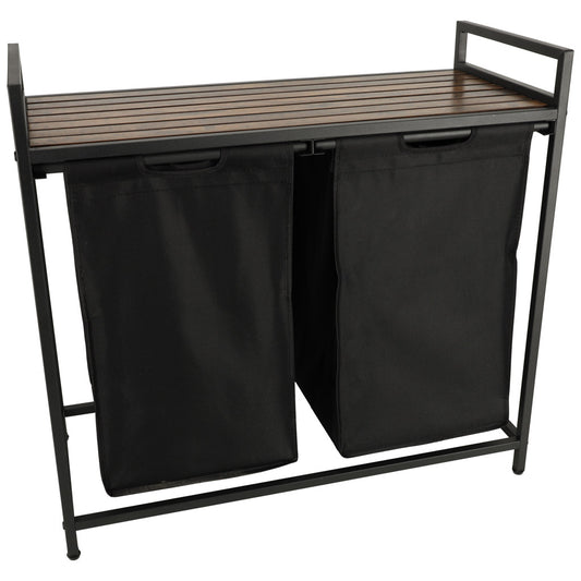 Cos mare de rufe cu doua compartimente, cu raft si blat din lemn, model LOFT, culoare neagra-1