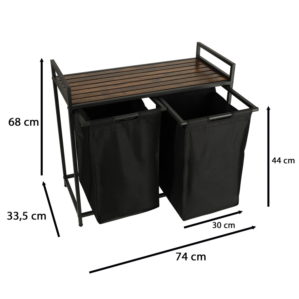 Cos mare de rufe cu doua compartimente, cu raft si blat din lemn, model LOFT, culoare neagra-2
