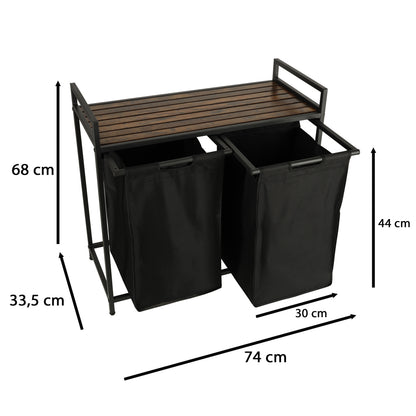 Cos mare de rufe cu doua compartimente, cu raft si blat din lemn, model LOFT, culoare neagra-2