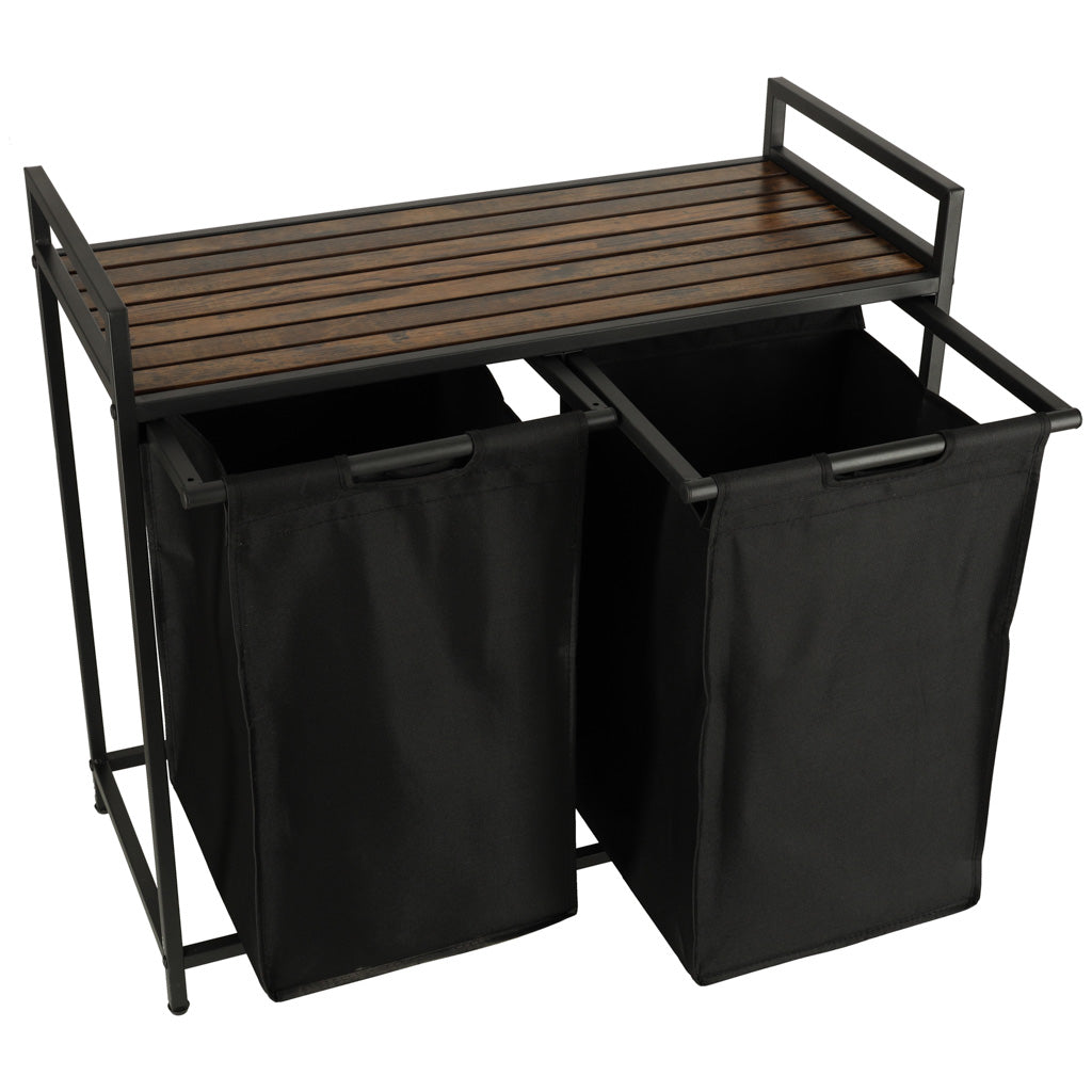 Cos mare de rufe cu doua compartimente, cu raft si blat din lemn, model LOFT, culoare neagra-3