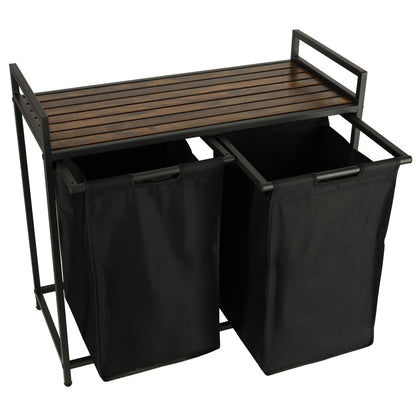 Cos mare de rufe cu doua compartimente, cu raft si blat din lemn, model LOFT, culoare neagra-3
