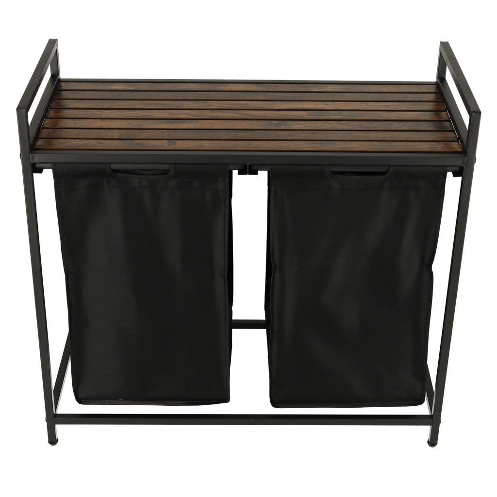 Cos mare de rufe cu doua compartimente, cu raft si blat din lemn, model LOFT, culoare neagra-5