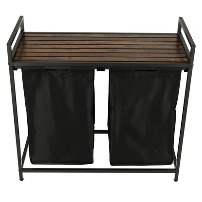 Cos mare de rufe cu doua compartimente, cu raft si blat din lemn, model LOFT, culoare neagra-5