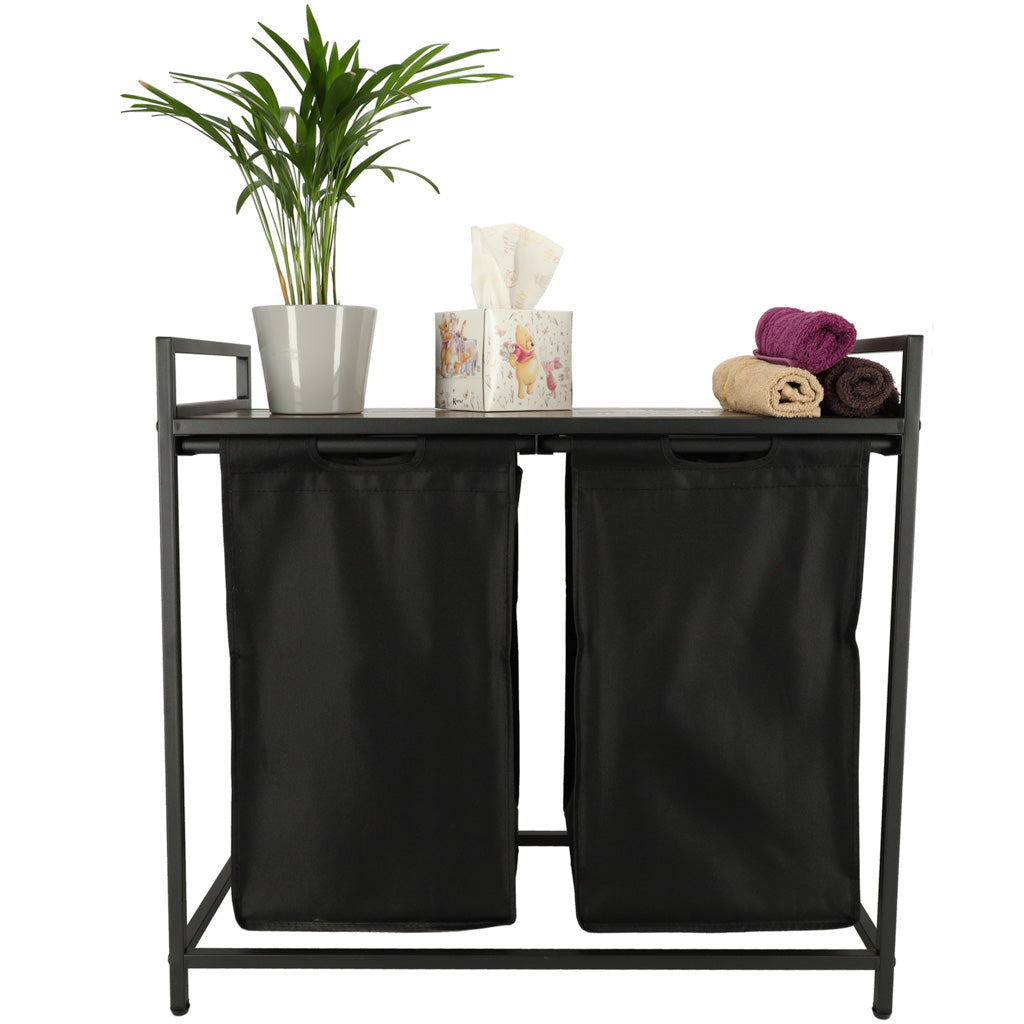Cos mare de rufe cu doua compartimente, cu raft si blat din lemn, model LOFT, culoare neagra-6