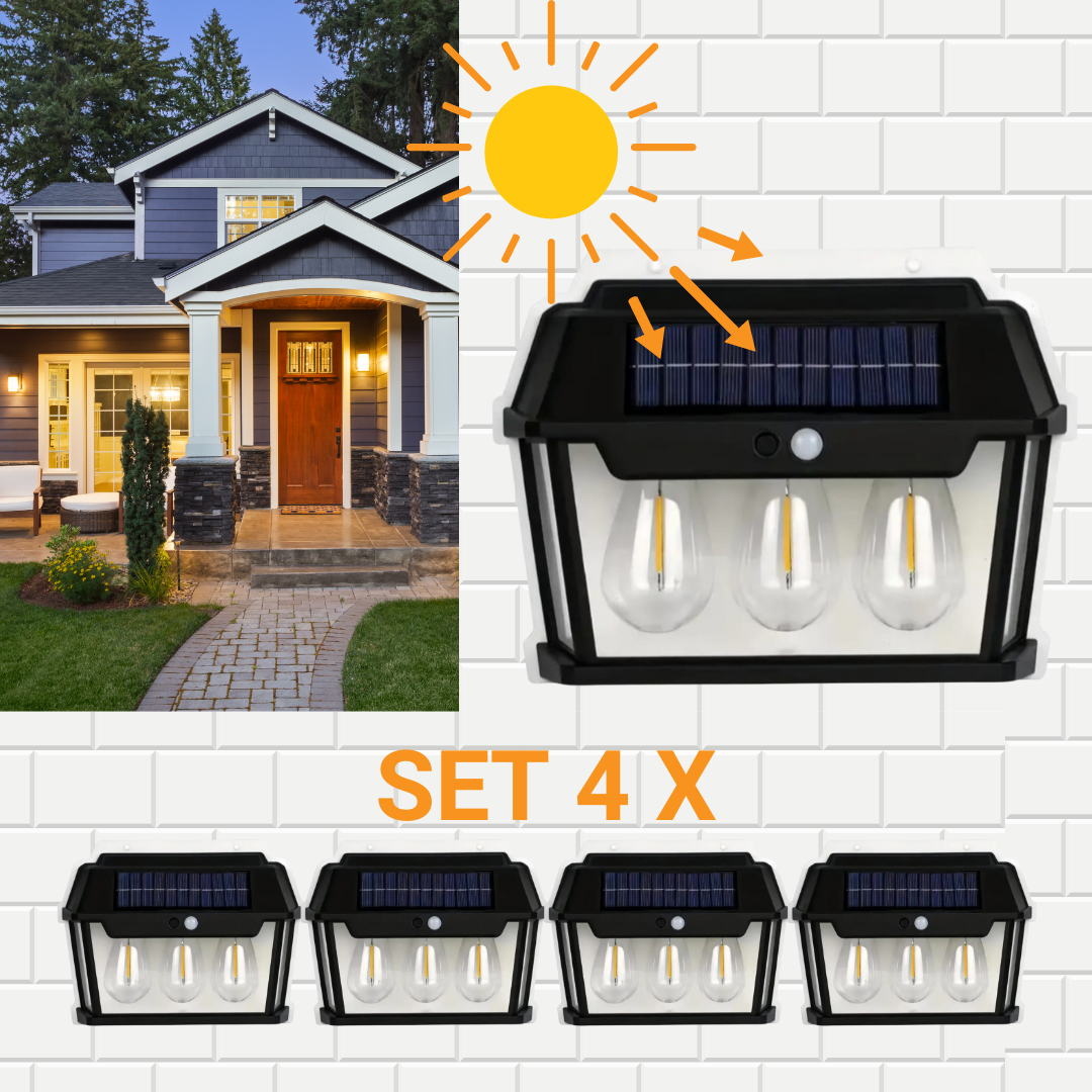 Set 4 x Lampa solară tip Felinar, cu 3 becuri, senzor de mișcare, 38W