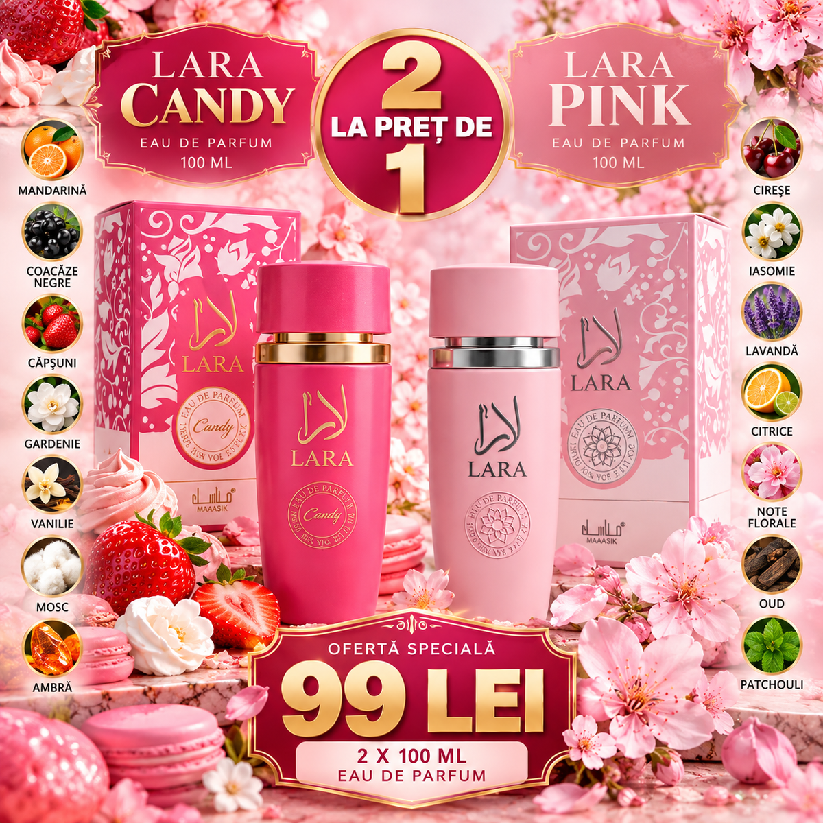 Set 2 Parfumuri Lara Pink + Lara Candy, 2 × 100 ml – 2 LA PREȚ DE 1