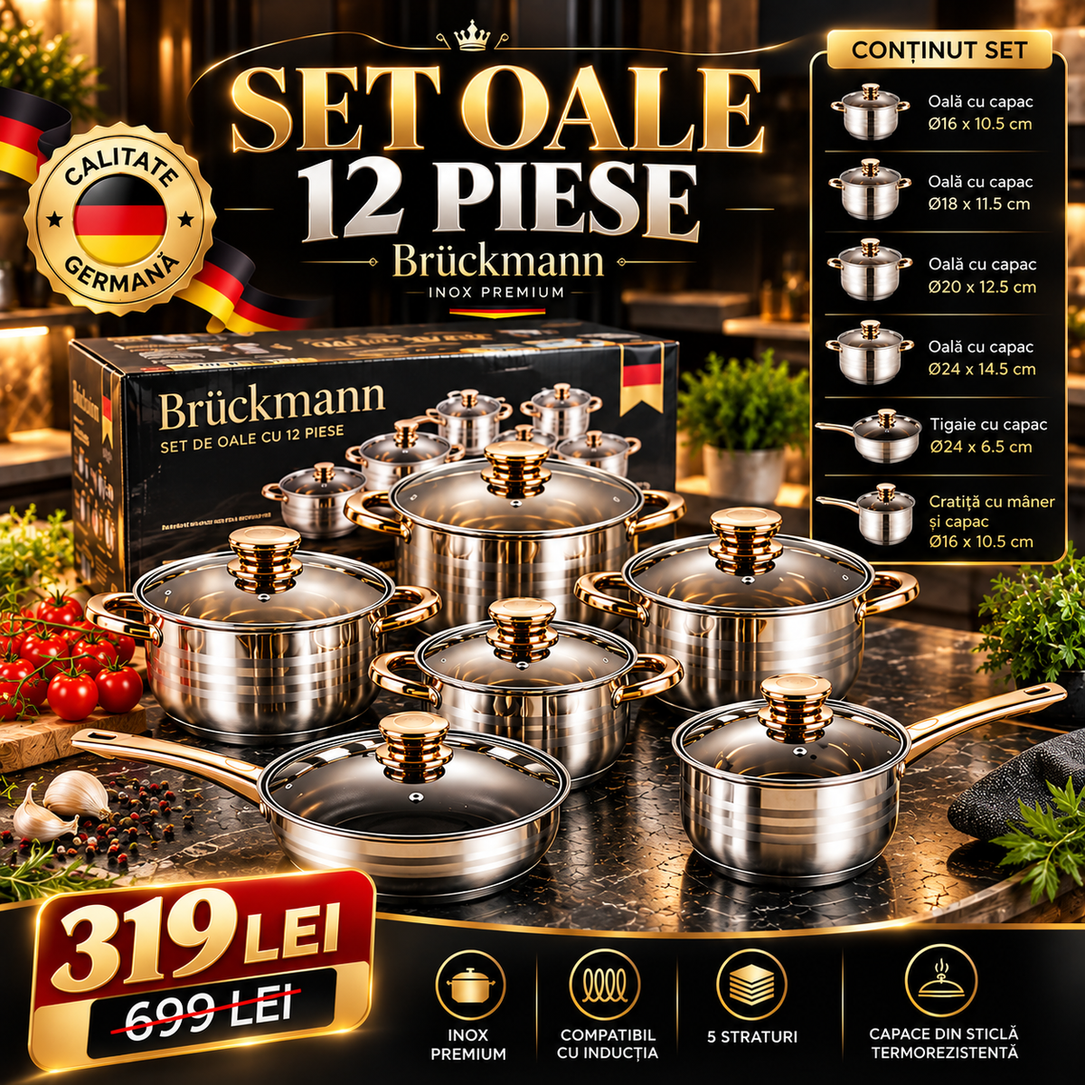 Set Oale Brückmann Premium din Inox – 12 Piese, Bază 5 Straturi, Compatibil Inducție