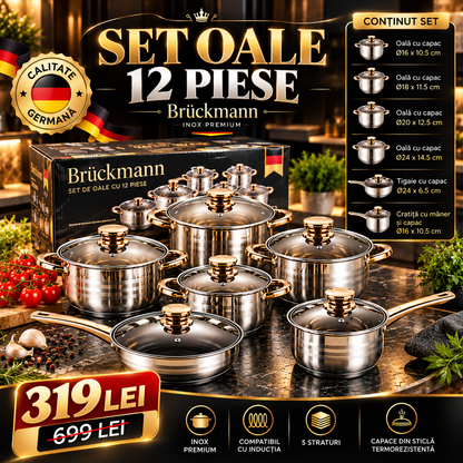 Set Oale Brückmann Premium din Inox – 12 Piese, Bază 5 Straturi, Compatibil Inducție