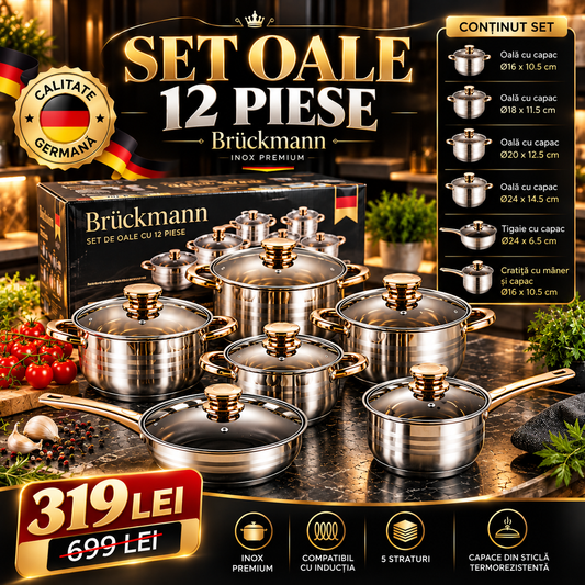 Set Oale Brückmann Premium din Inox – 12 Piese, Bază 5 Straturi, Compatibil Inducție