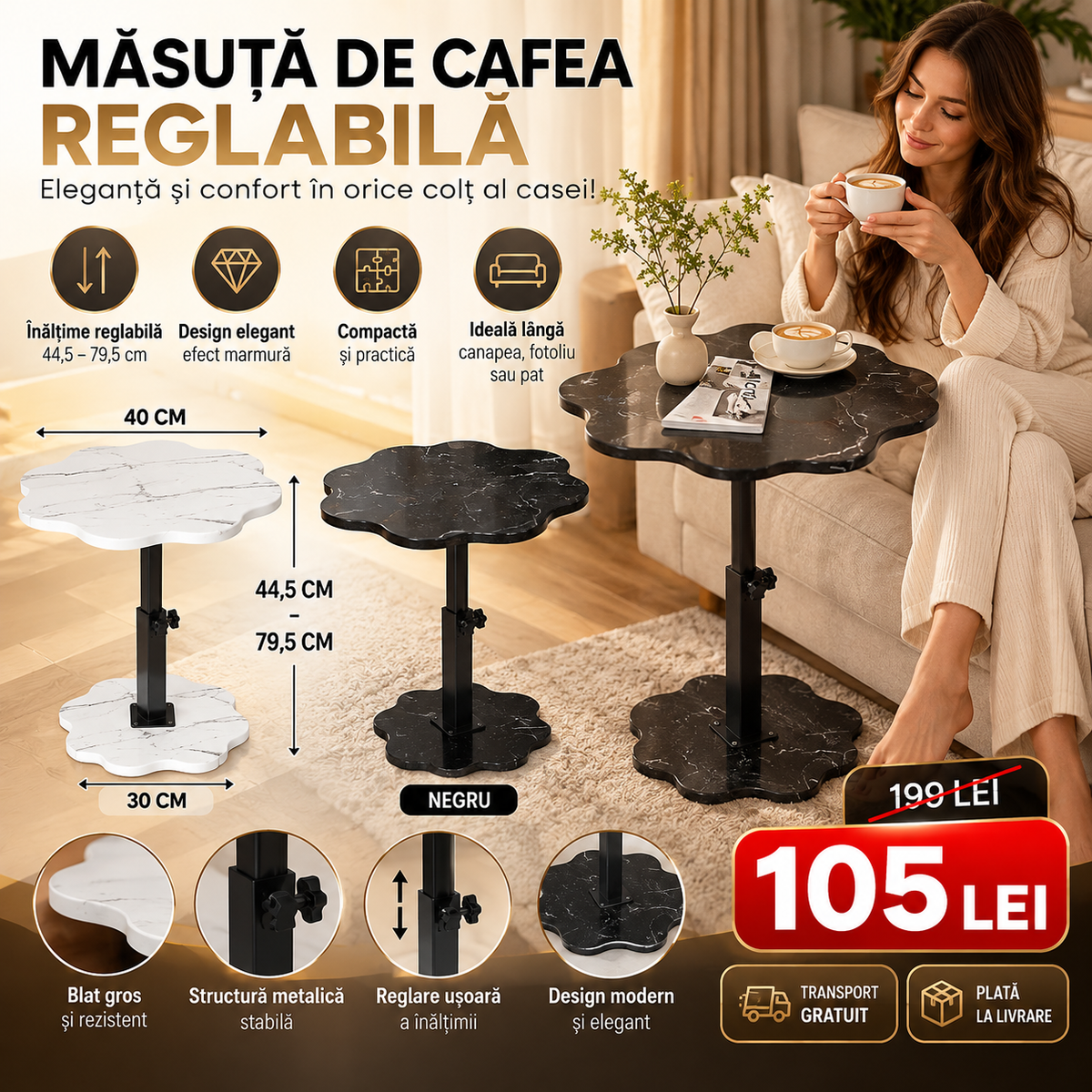 Măsuță de Cafea Floricică Reglabilă – Eleganță, Confort și Stil în Orice Colț al Casei!
