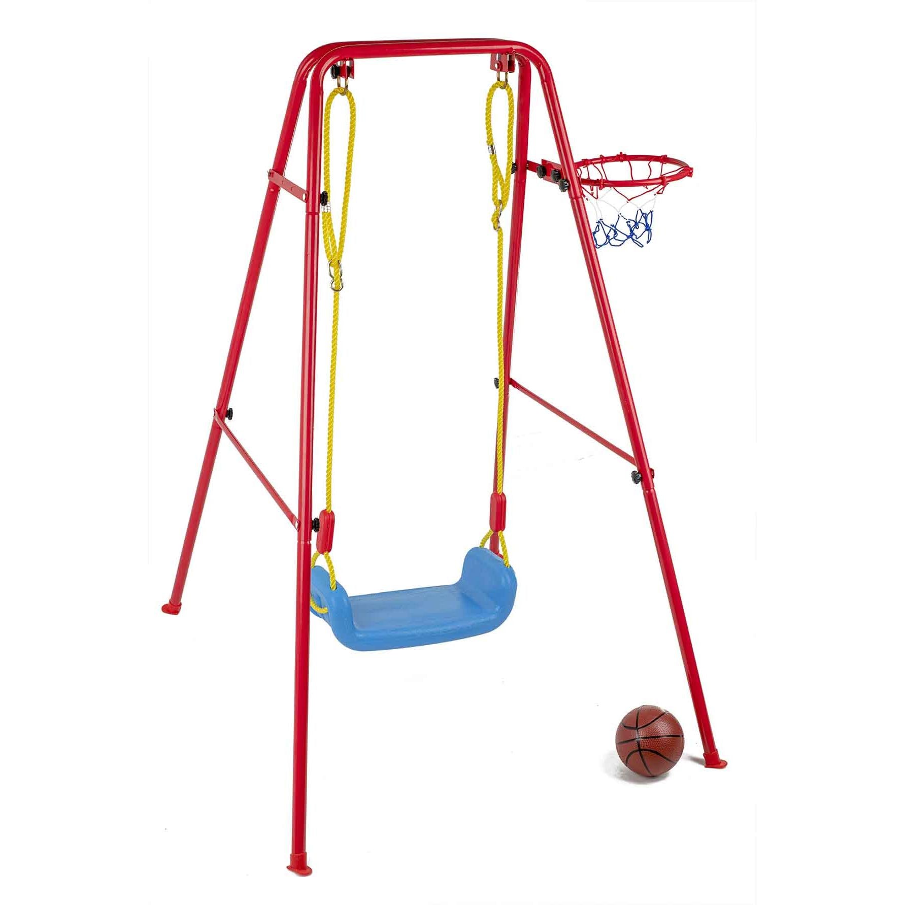 Set de gradina 3in1 pentru copii, Leagan + Cos de Baschet + Minge, cadru metalic, culoare Rosu-1