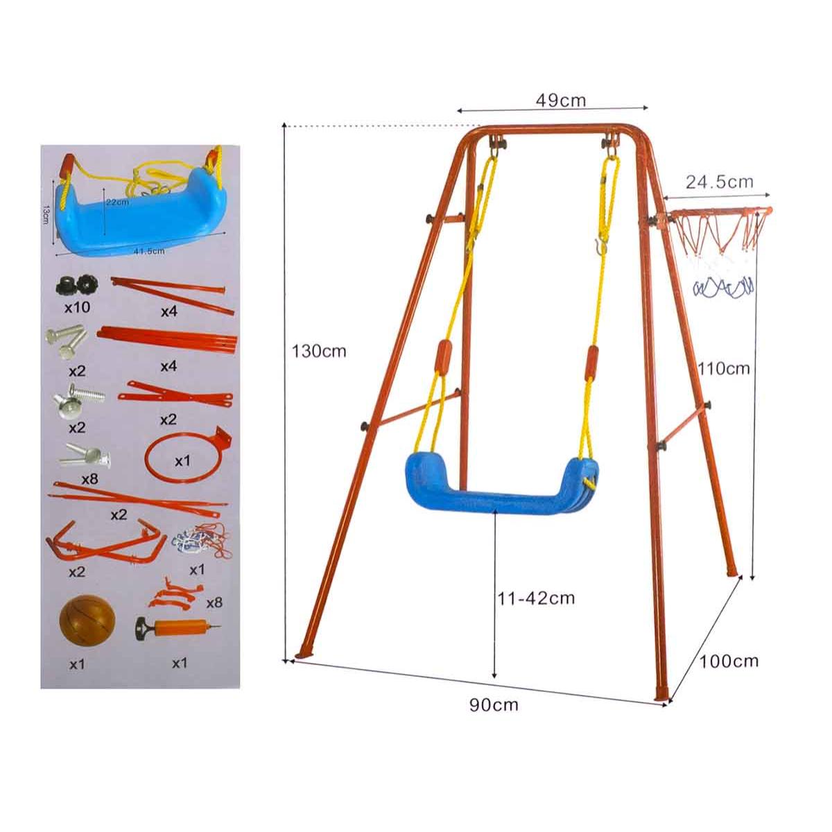 Set de gradina 3in1 pentru copii, Leagan + Cos de Baschet + Minge, cadru metalic, culoare Rosu-6