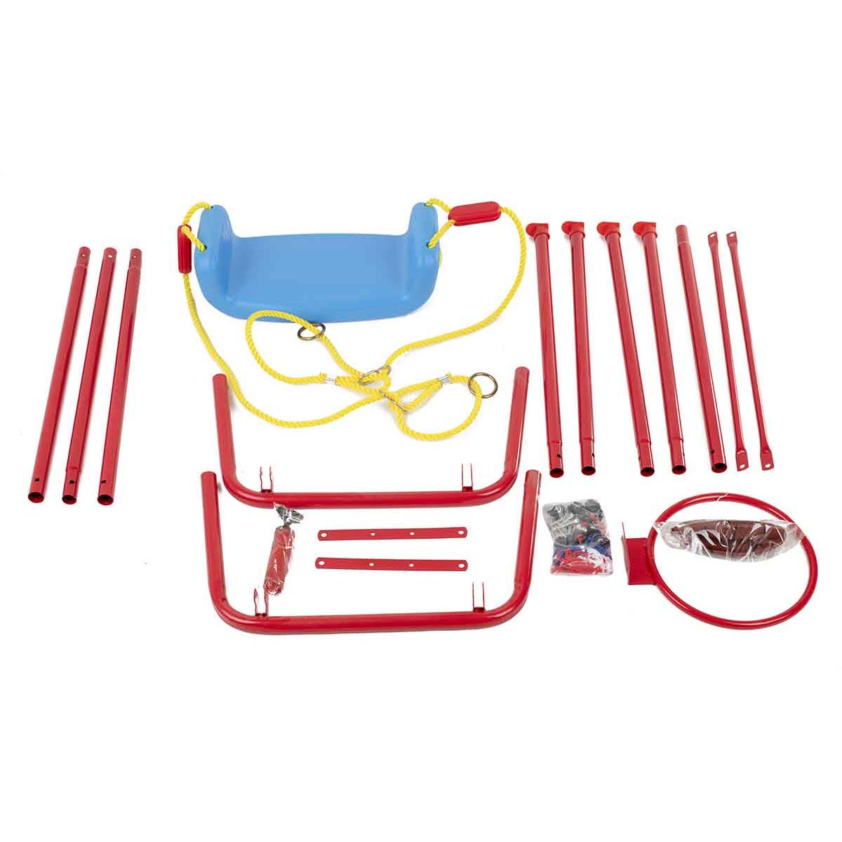 Set de gradina 3in1 pentru copii, Leagan + Cos de Baschet + Minge, cadru metalic, culoare Rosu-7