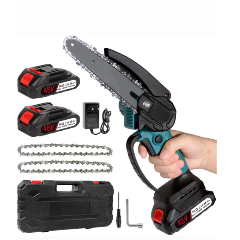 Pachetul Grădinarului PRO – Mini Drujbă / Fierăstrău Fără Fir 8" + Foarfecă Electrică 30 mm, 4 Acumulatori 48V,