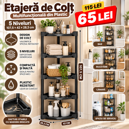 Etajeră de Colț Multifuncțională din Plastic, 5 Niveluri, 107,5 × 42 × 28,3 cm