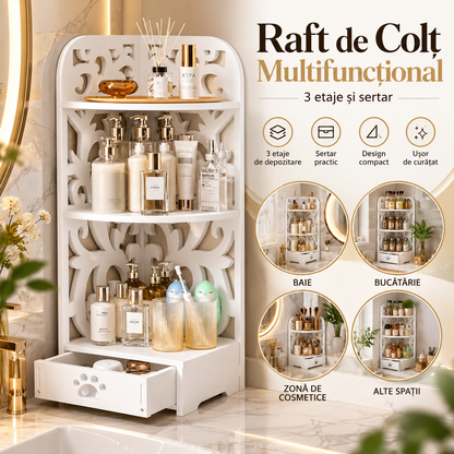 Raft de Colț Organizator Multifunctional din PVC stil Baroque cu 3 Etaje și Sertar, 55 × 22 × 22 cm