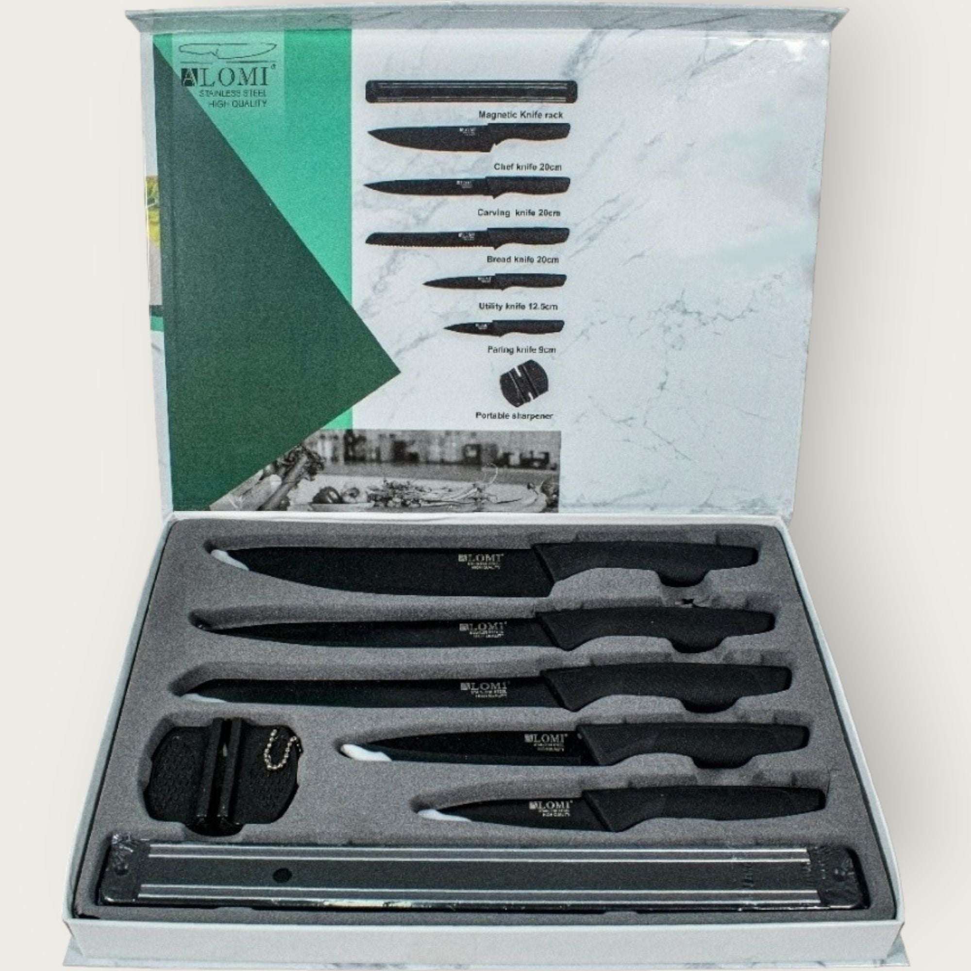 Set de Cuțite ALOMI din Oțel Inoxidabil - 6 Piese cu Suport Magnetic și Ascuțitor Portabil