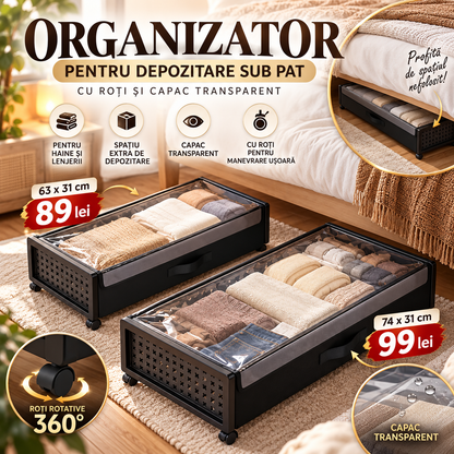 Organizator Mobil pentru Depozitare sub Pat, cu Roți și Capac Transparent – 2 Dimensiuni