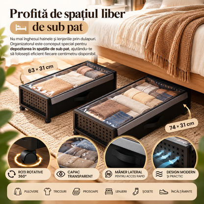 Organizator Mobil pentru Depozitare sub Pat, cu Roți și Capac Transparent – 2 Dimensiuni
