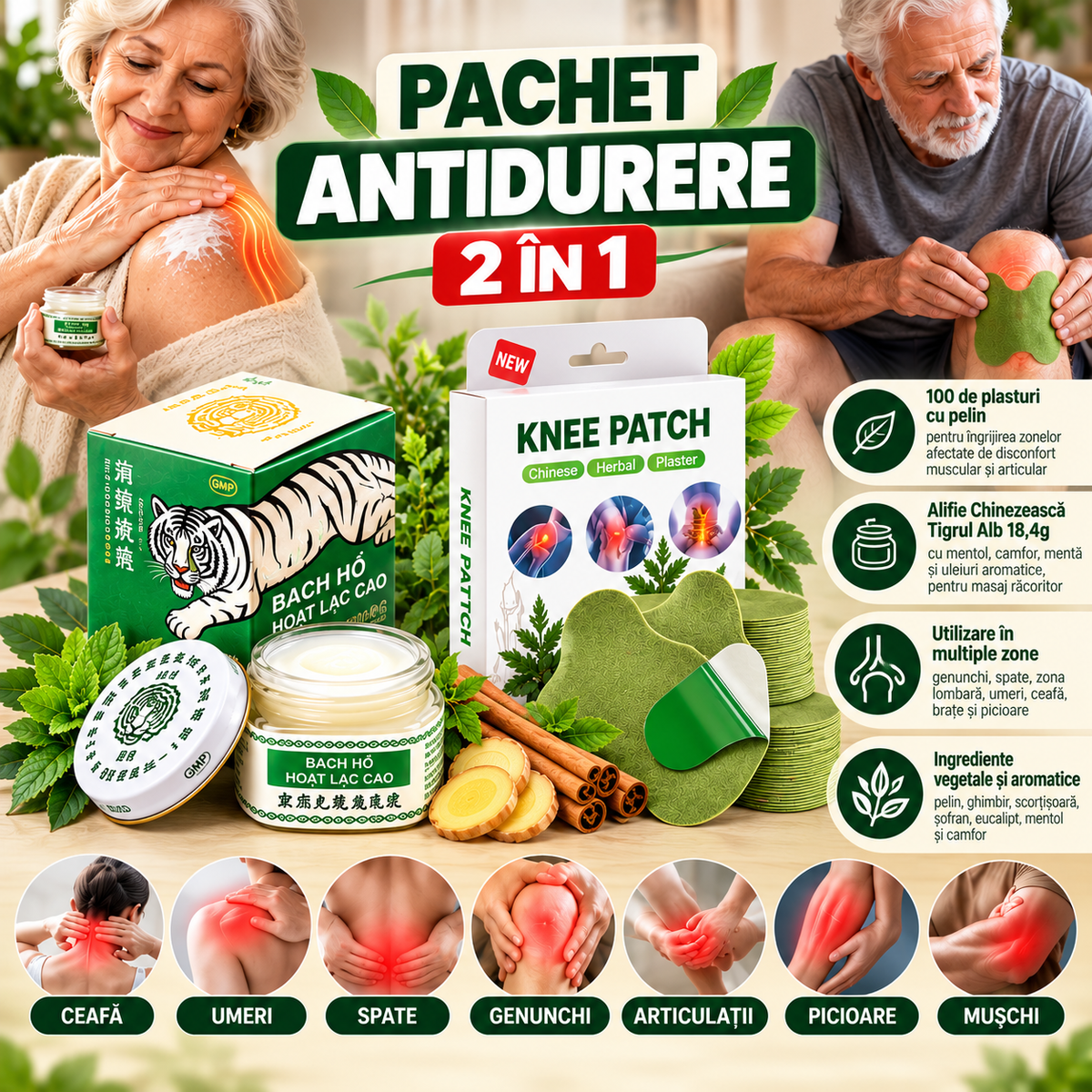 Pachet Antidurere 2 în 1 – 100 Plasturi cu Pelin + Alifie Chinezească Tigrul Alb 18,4g pentru Dureri Musculare, Reumatice, Articulare