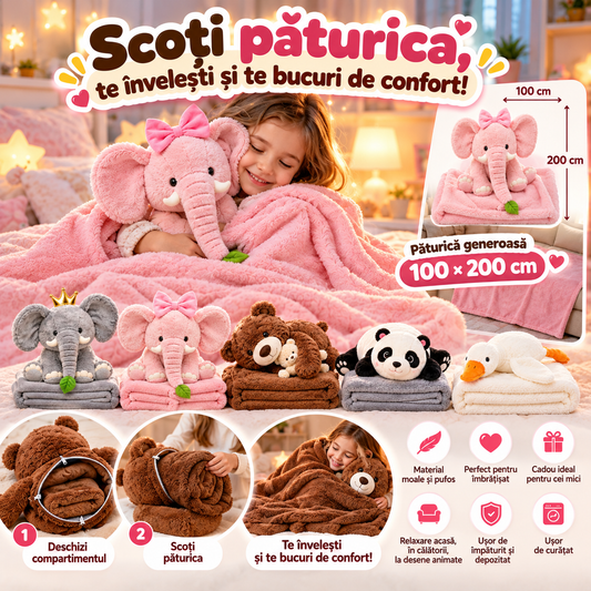 Animăluț de Pluș 2-în-1 cu Păturică Ascunsă 100×200 cm – 5 Modele Adorabile