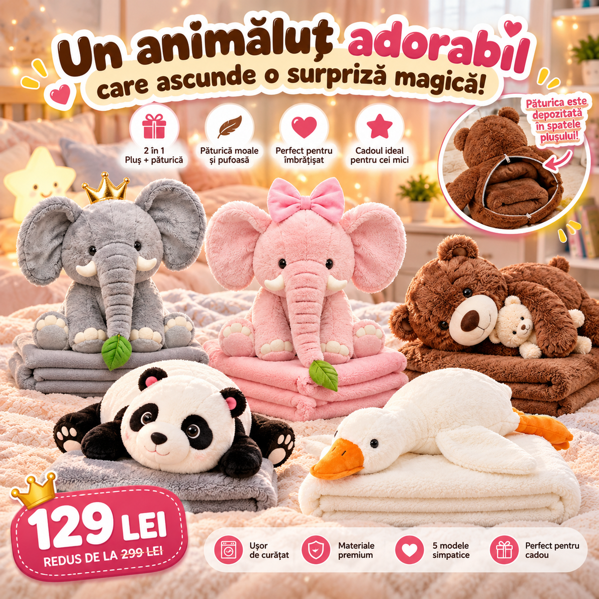 Animăluț de Pluș 2-în-1 cu Păturică Ascunsă 100×200 cm – 5 Modele Adorabile