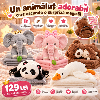 Animăluț de Pluș 2-în-1 cu Păturică Ascunsă 100×200 cm – 5 Modele Adorabile