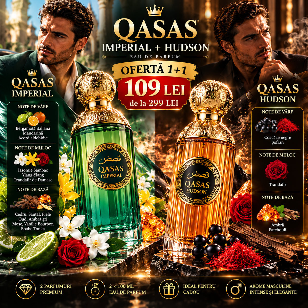Set 2 Parfumuri Arăbești Bărbați QASAS – Imperial + Hudson, 2 × 100 ml