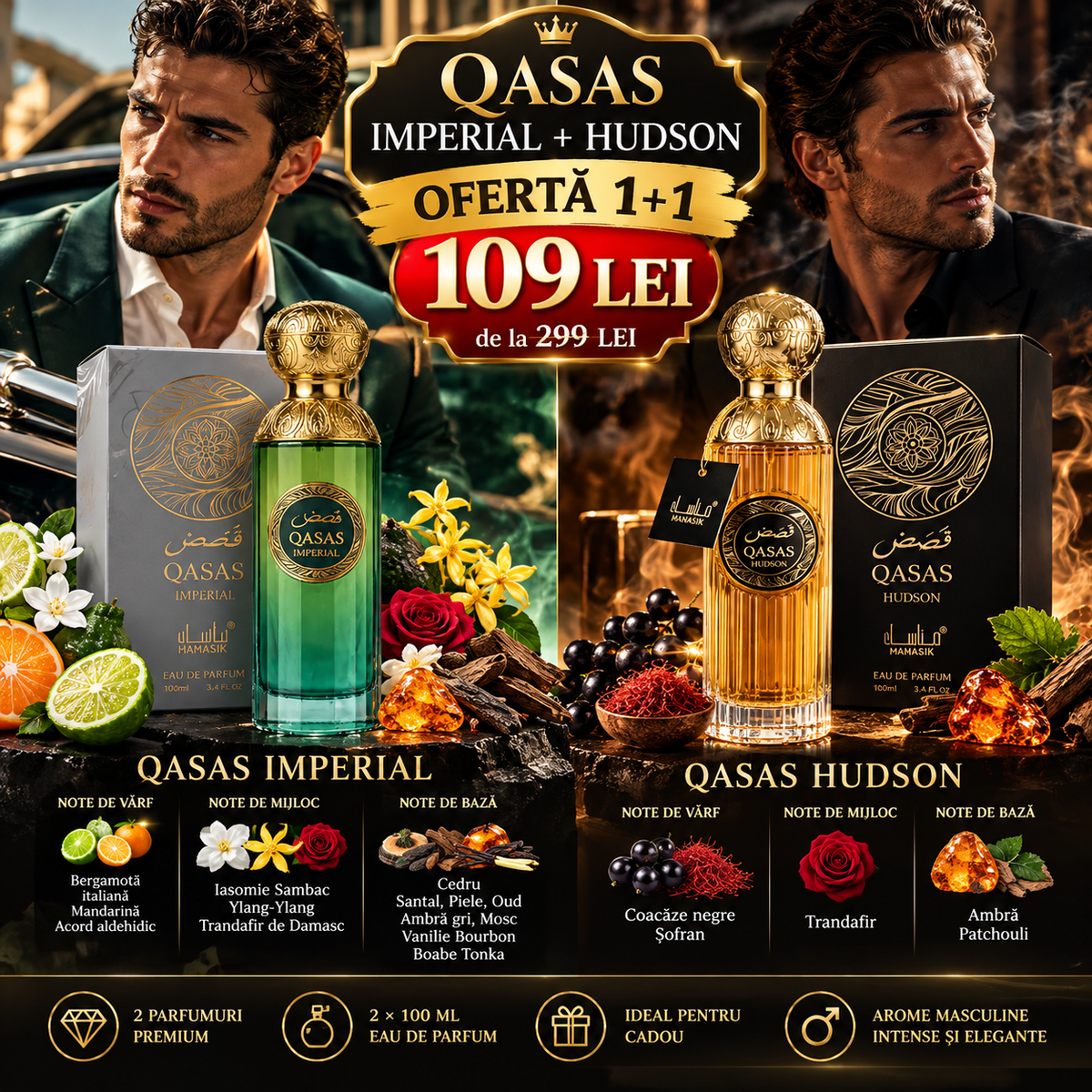 Set 2 Parfumuri Arăbești Bărbați QASAS – Imperial + Hudson, 2 × 100 ml