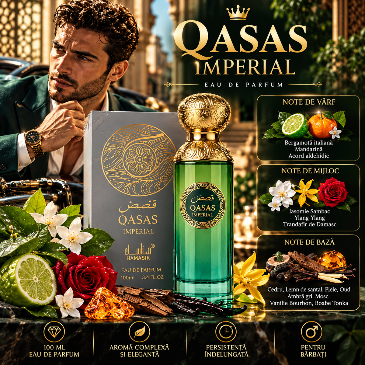 Set 2 Parfumuri Arăbești Bărbați QASAS – Imperial + Hudson, 2 × 100 ml