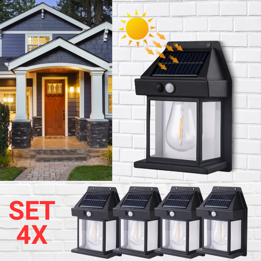 Set 4 x Lampa Solara de Perete în Formă de Felinar, cu Senzor de Mișcare, 18W