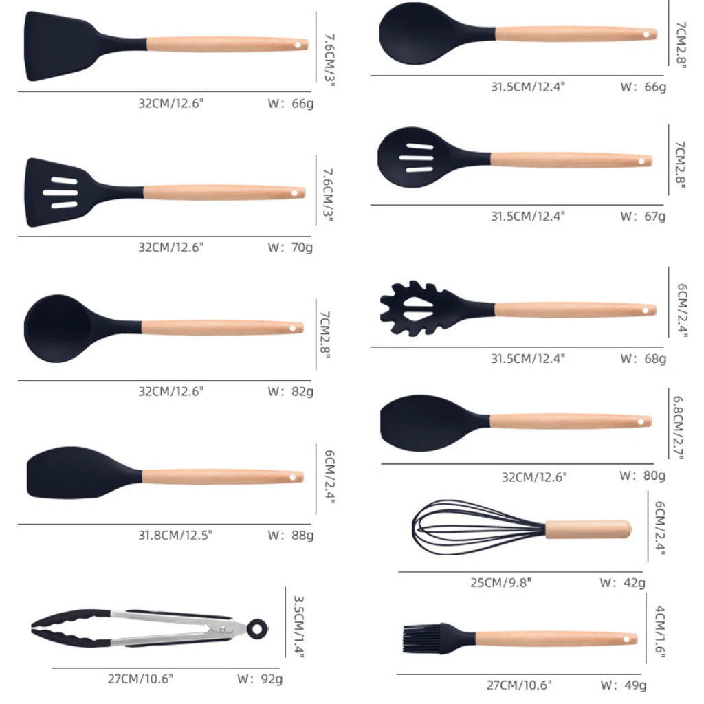 Set 19 Ustensile pentru Bucătărie din Silicon, cu Mâner de Lemn, Suport și Tocător