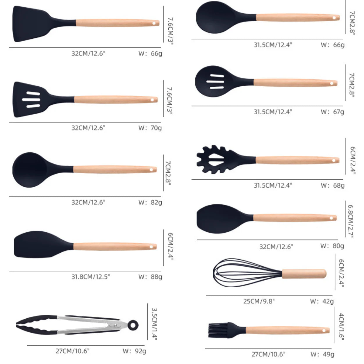 Set 19 Ustensile pentru Bucătărie din Silicon, cu Mâner de Lemn, Suport și Tocător