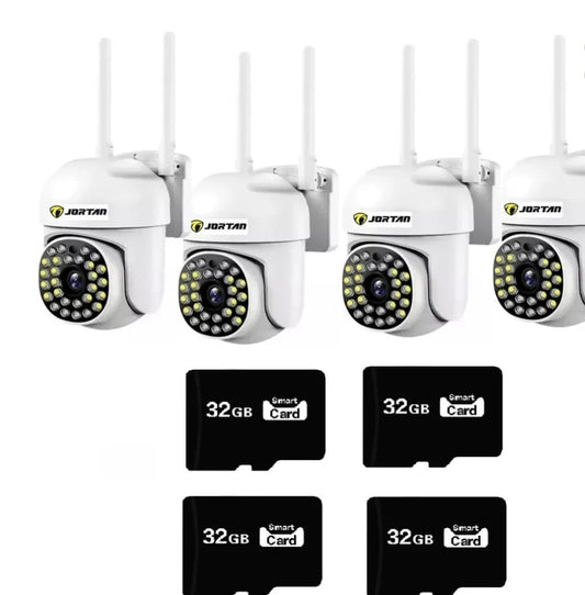 Set 4x Camera de Securitate WiFi Jortan JT-8161QJ - Viziune Nocturnă 30M, 1080P, Alerta Human-ID cu LED-uri Active+4 carduri de 32gb