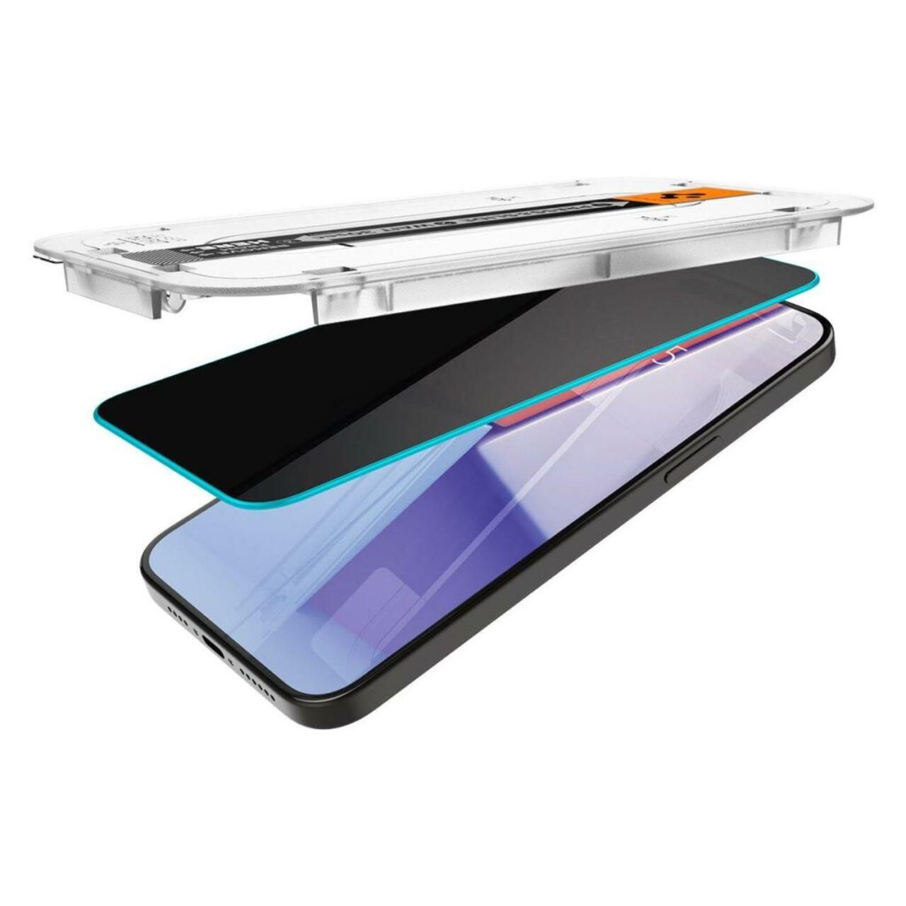 Set 2 folii sticlă Spigen Glas.tR EZ Fit Privacy pentru iPhone 15 Pro – cu kit de montare