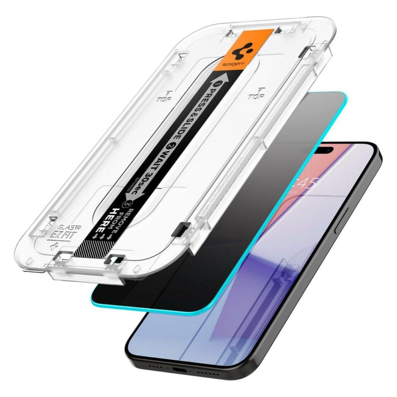 Set 2 folii sticlă Spigen Glas.tR EZ Fit Privacy pentru iPhone 15 Pro – cu kit de montare