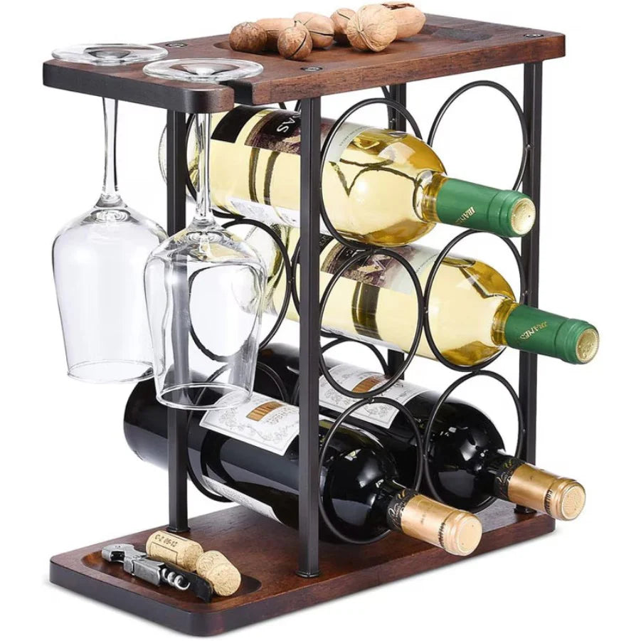 Suport de sticle de vin, 34 x 16 x 35 cm, metal și lemn, pentru 6 sticle și 2 pahare