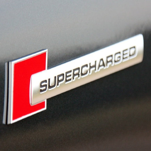 Emblema auto model "SUPERCHARGED", reliefata 3D, dimensiune 10 x 1 cm-0