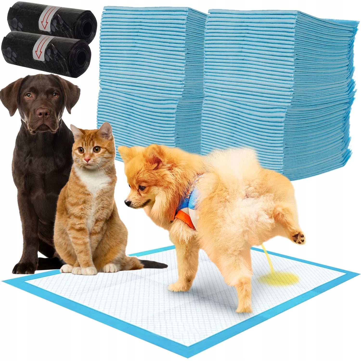 Set 100 Covorașe Absorbante Igienice pentru Animale + 30 Saci pentru Caini