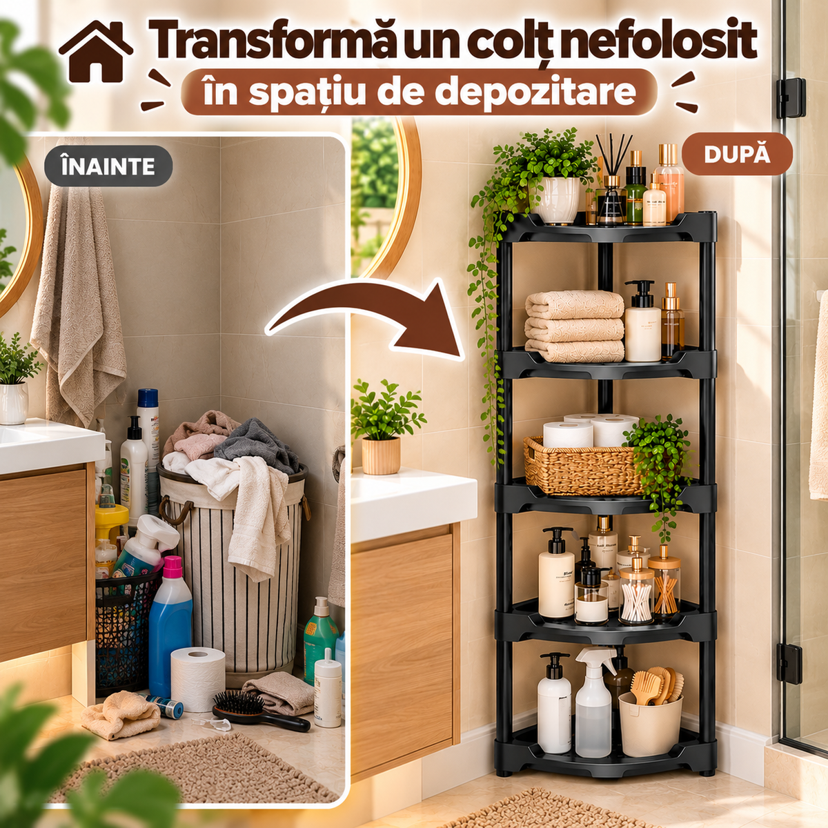 Etajeră de Colț Multifuncțională din Plastic, 5 Niveluri, 107,5 × 42 × 28,3 cm