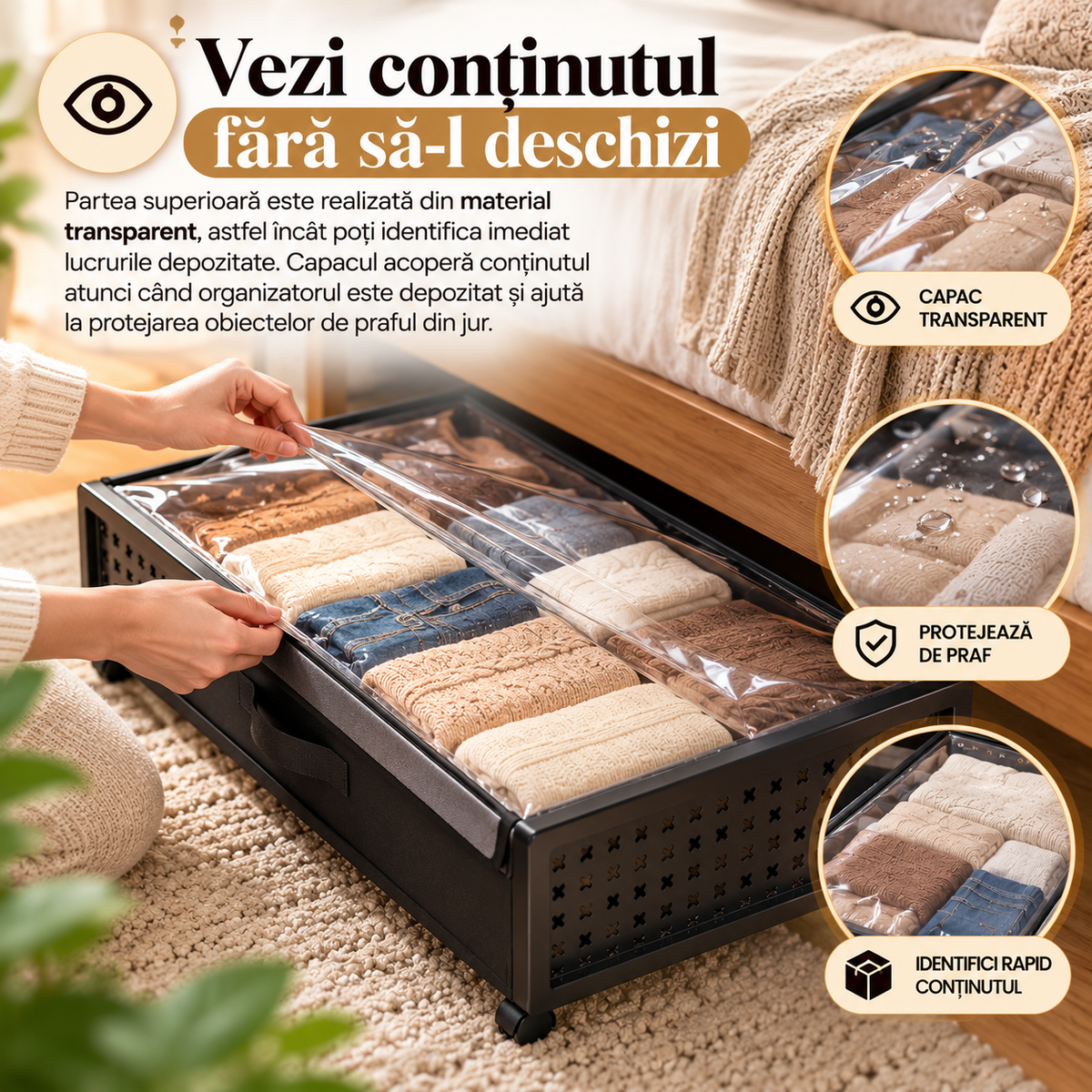 Organizator Mobil pentru Depozitare sub Pat, cu Roți și Capac Transparent – 2 Dimensiuni
