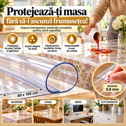 Protecție de Masă Transparentă din PVC Siliconizat – 60 x 100 cm, Grosime 0,8 mm, Impermeabilă și Ușor de Curățat