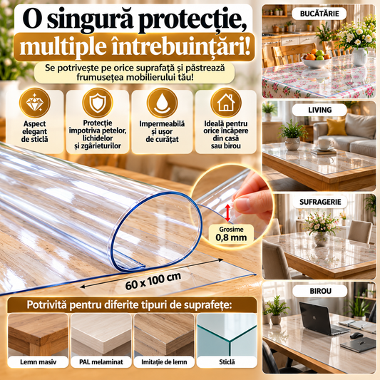 Protecție de Masă Transparentă din PVC Siliconizat – 60 x 100 cm, Grosime 0,8 mm, Impermeabilă și Ușor de Curățat