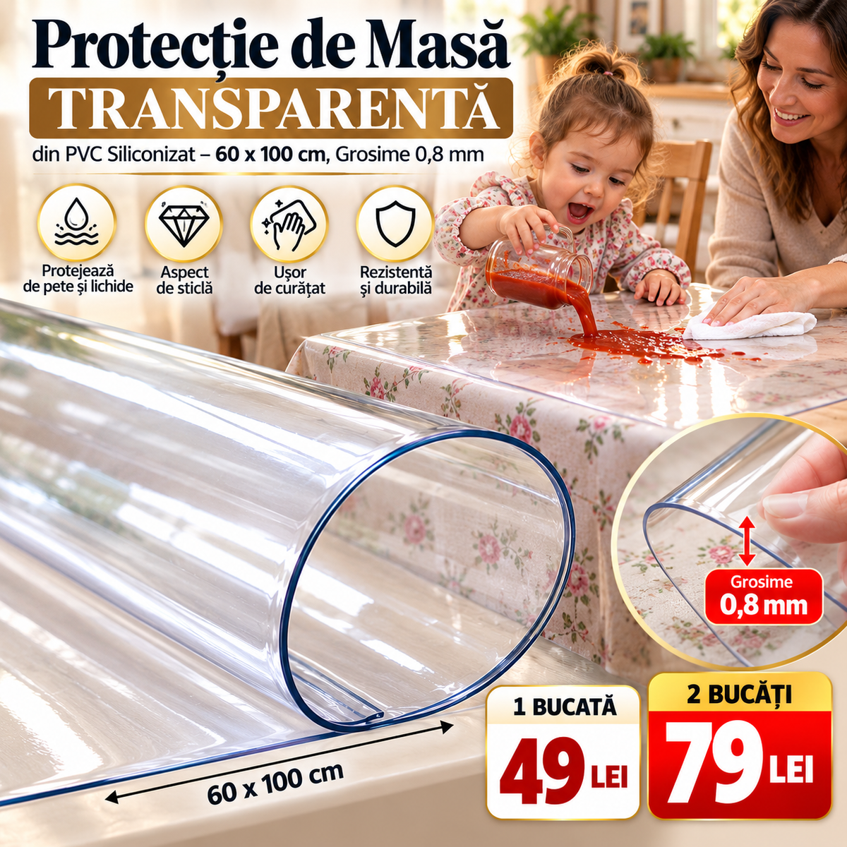Protecție de Masă Transparentă din PVC Siliconizat – 60 x 100 cm, Grosime 0,8 mm, Impermeabilă și Ușor de Curățat