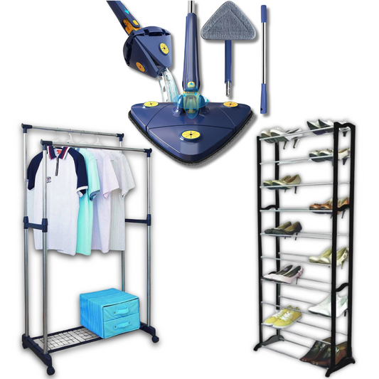 Oferta Specială 3în1: Mop Microfiber 360° Rotativ, Raft pentru Pantofi cu 10 Niveluri și Umeraș din Oțel Inoxidabil cu Două Bare Reglabile