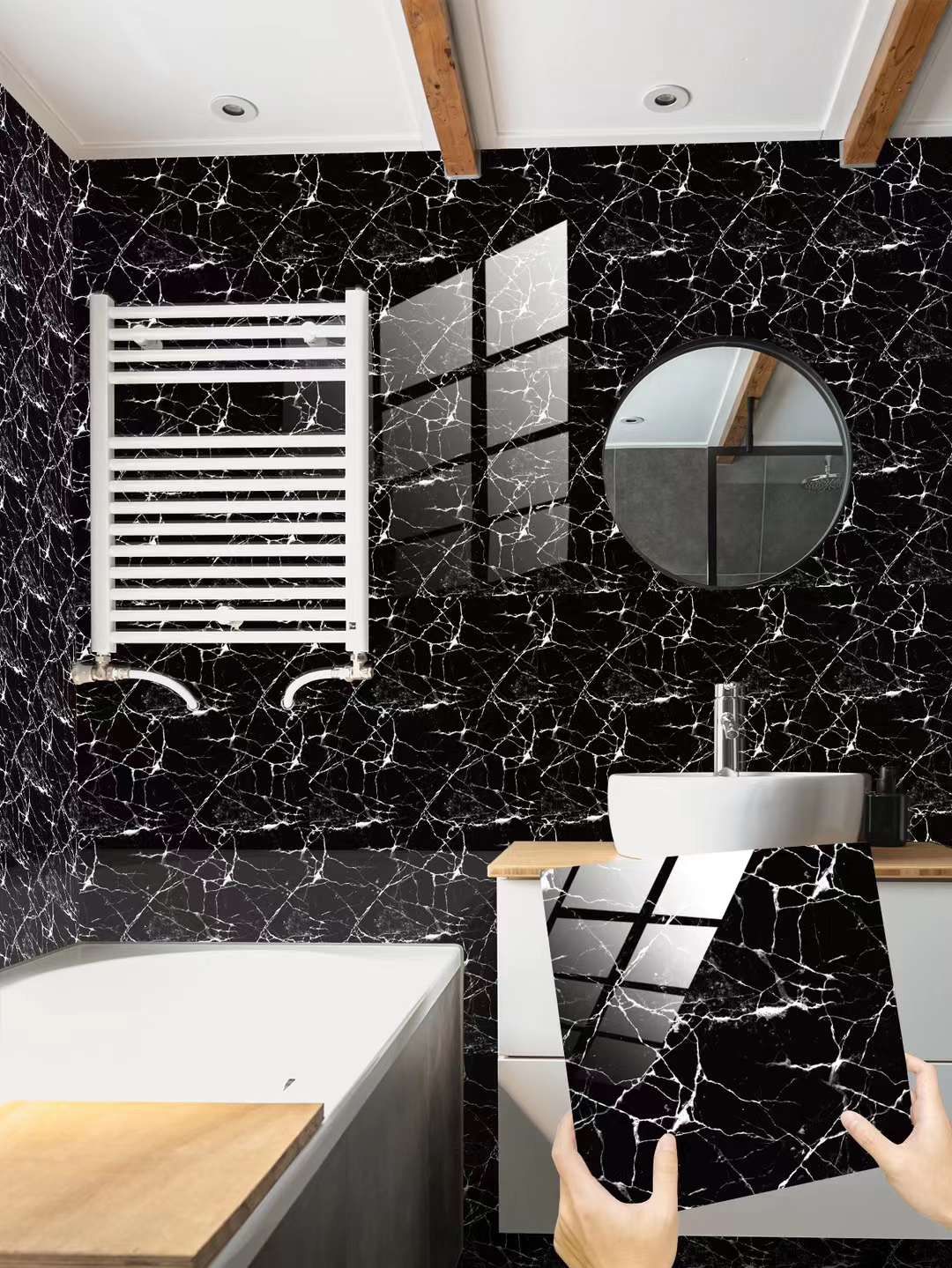 Placă autoadezivă cu aspect marmură, impermeabilă, 60x30cm - Negru
