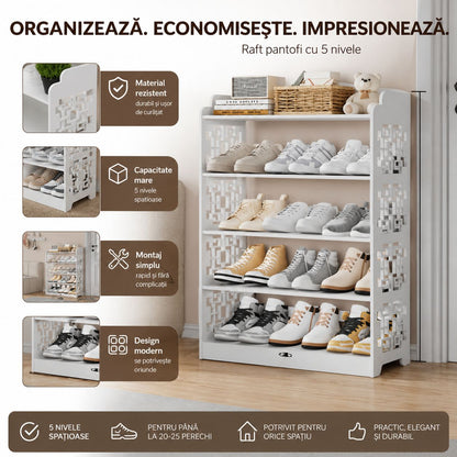 Raft Multifuncțional din Lemn cu 5 Polițe 90x62x23 cm – Suport pentru Pantofi, Bibliotecă și Organizator