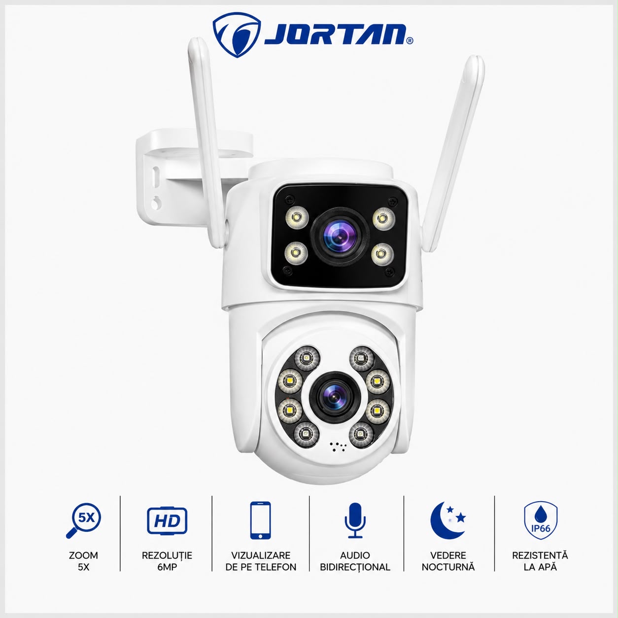 Cameră de Supraveghere Wi-Fi Dublă PTZ 6MP JORTAN, Zoom Optic 5X, Vedere Nocturnă Color, Audio Bidirecțional, Detectare Mișcare, IP66